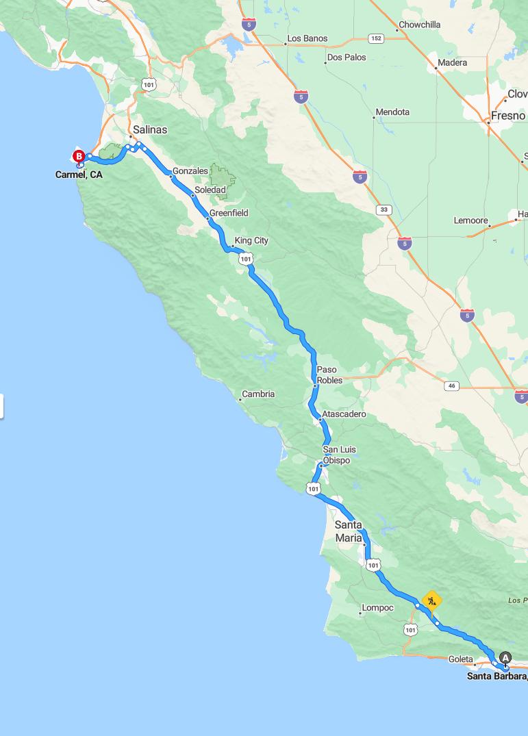 driving from Santa Barbara, California to CarmelCalifornia - map and route