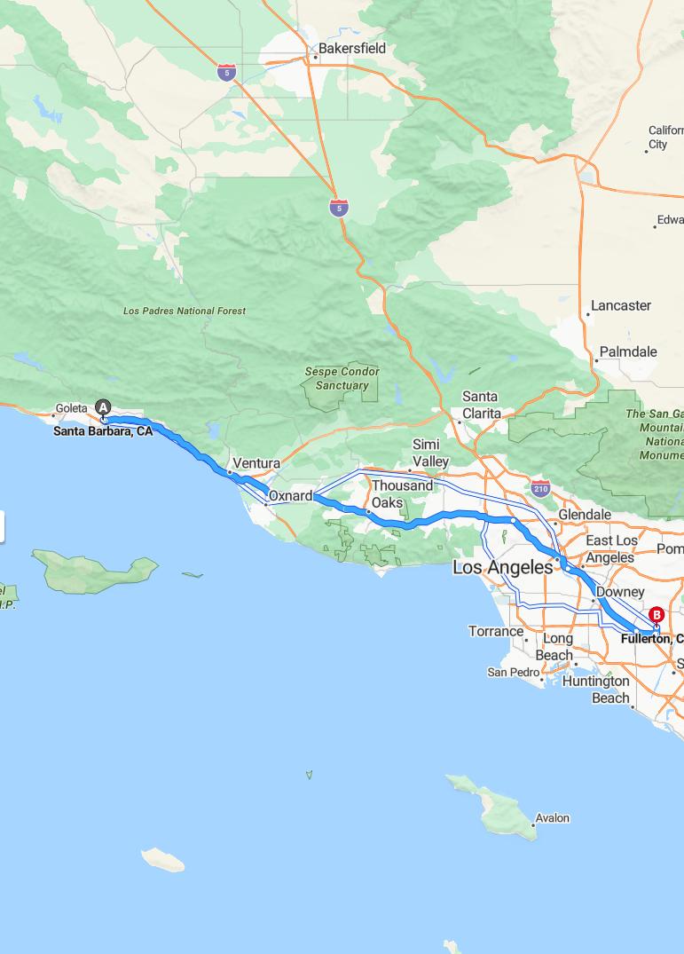 driving from Santa Barbara, California to FullertonCalifornia - map and route