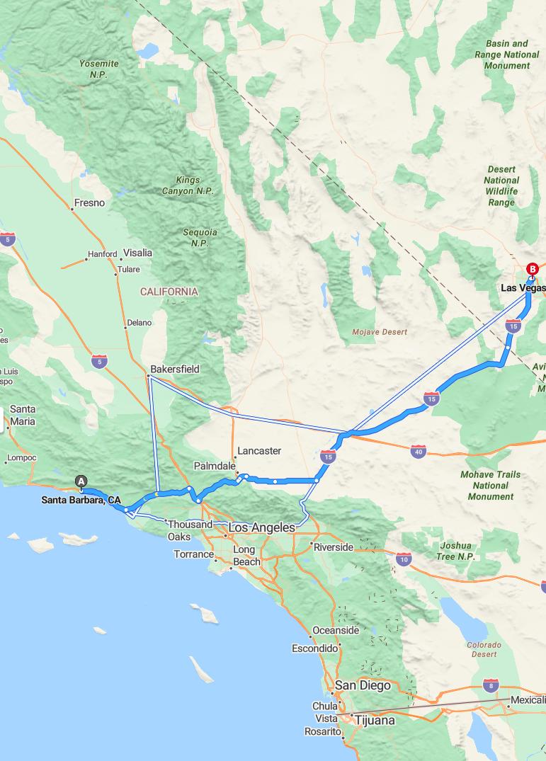 driving from Santa Barbara, California to Las VegasNevada - map and route