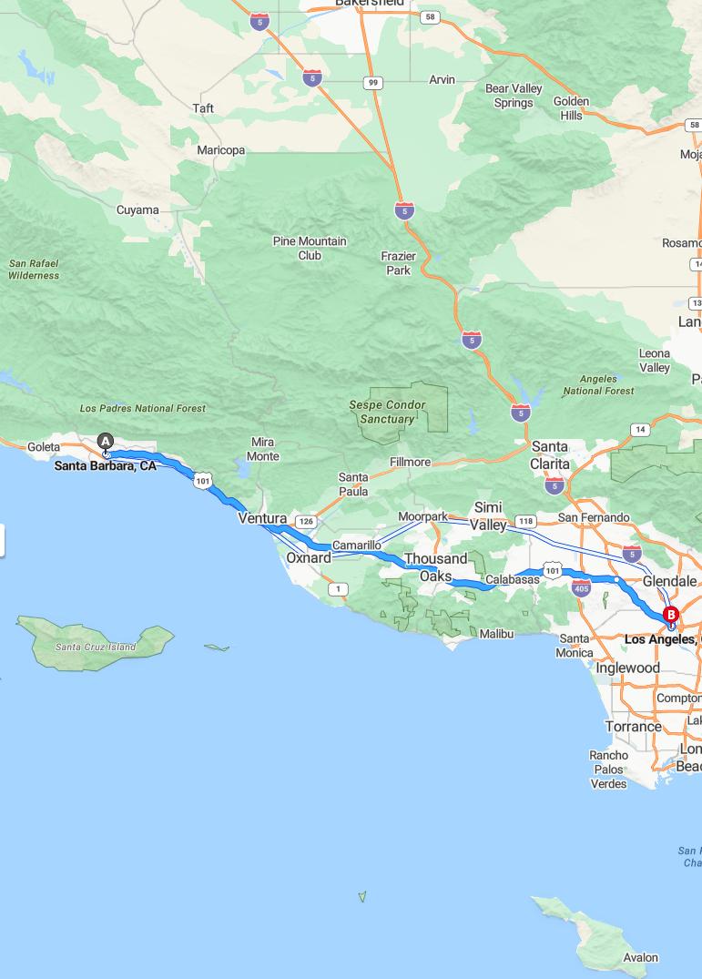 driving from Santa Barbara, California to Los AngelesCalifornia - map and route