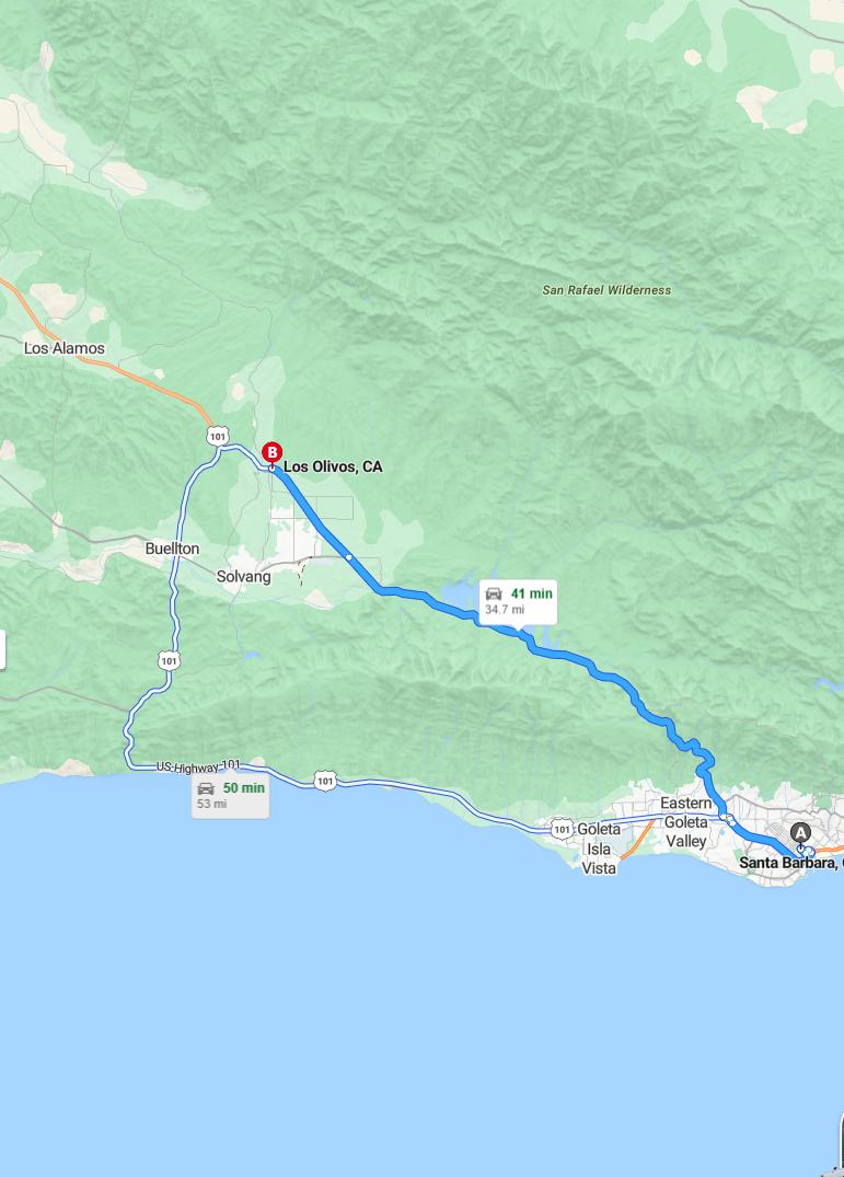 driving from Santa Barbara, California to Los OlivosCalifornia - map and route