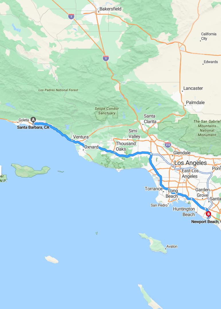 driving from Santa Barbara, California to Newport BeachCalifornia - map and route
