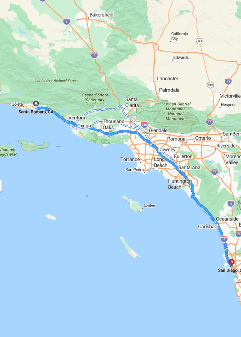 driving from Santa Barbara, California to San DiegoCalifornia - map and route