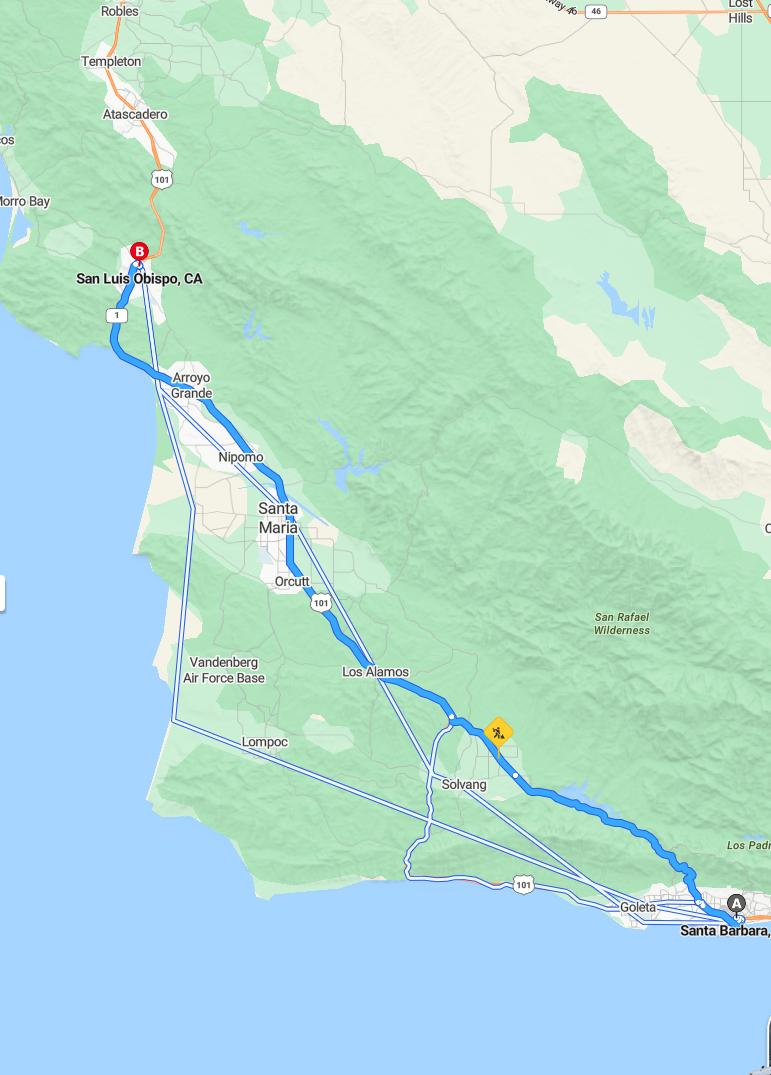 driving from Santa Barbara, California to San Luis ObispoCalifornia - map and route
