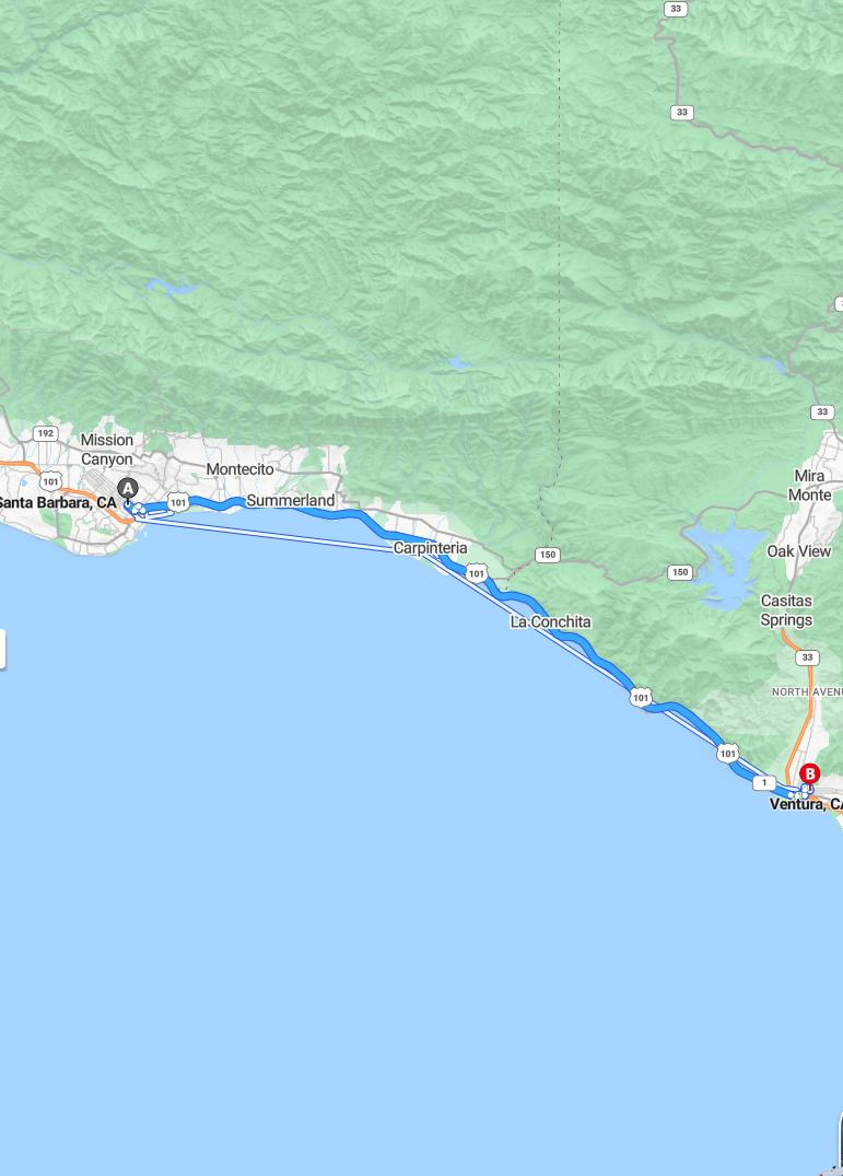 driving from Santa Barbara, California to VenturaCalifornia - map and route