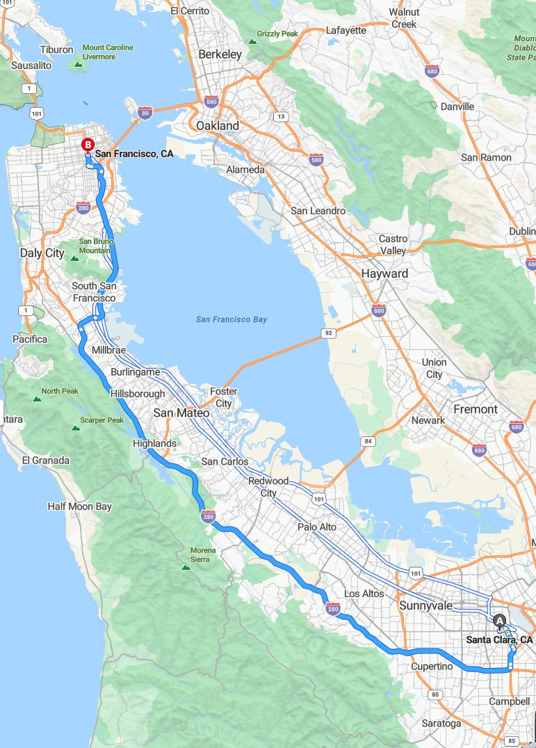 driving from Santa Clara, California to San FranciscoCalifornia - map and route