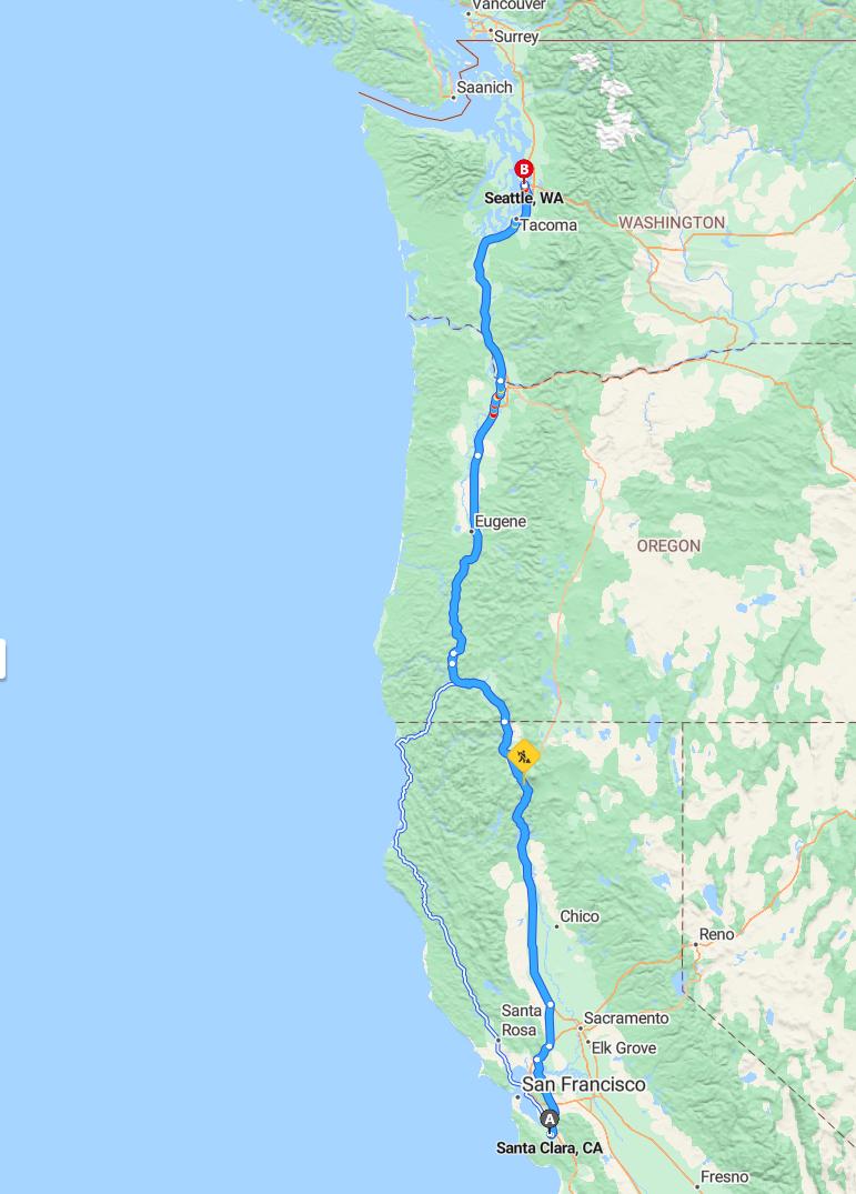 driving from Santa Clara, California to SeattleWashington - map and route