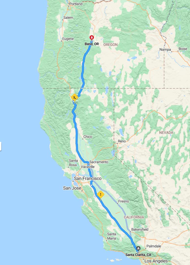 driving from Santa Clarita, California to BendOregon - map and route