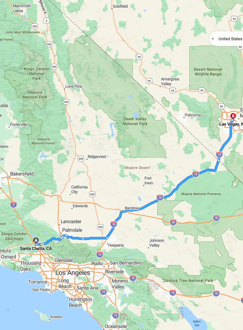 driving from Santa Clarita, California to Las VegasNevada - map and route