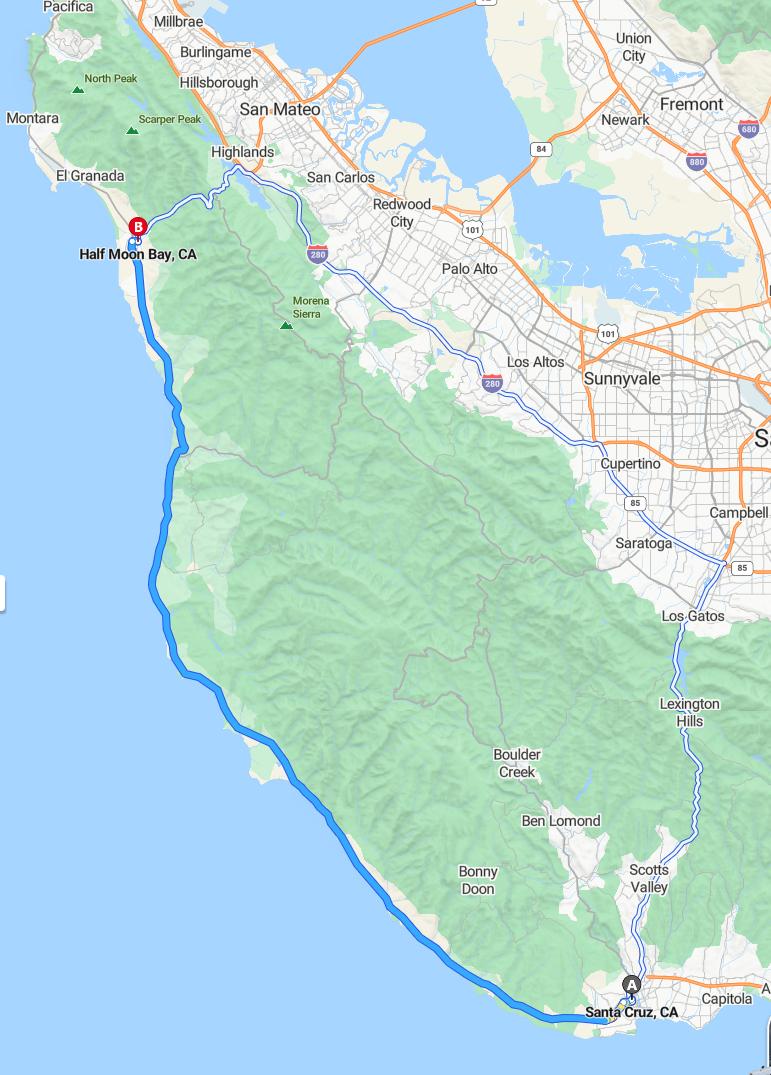 driving from Santa Cruz, California to Half Moon BayCalifornia - map and route