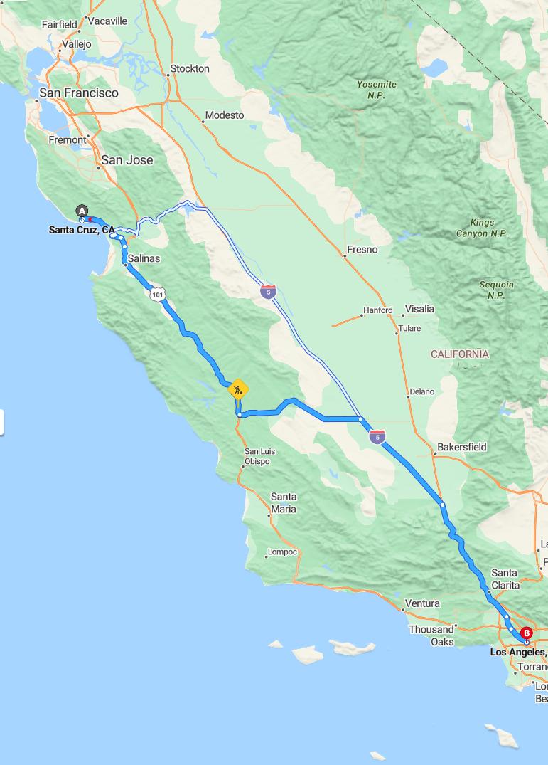 driving from Santa Cruz, California to Los AngelesCalifornia - map and route