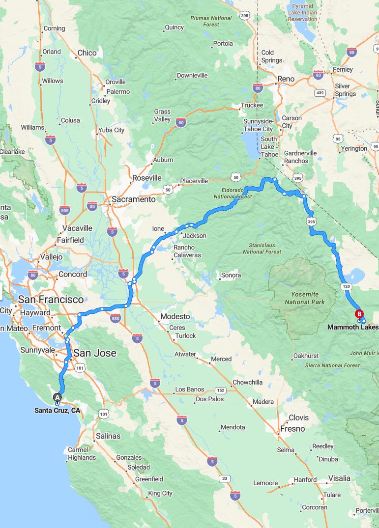 driving from Santa Cruz, California to Mammoth LakesCalifornia - map and route