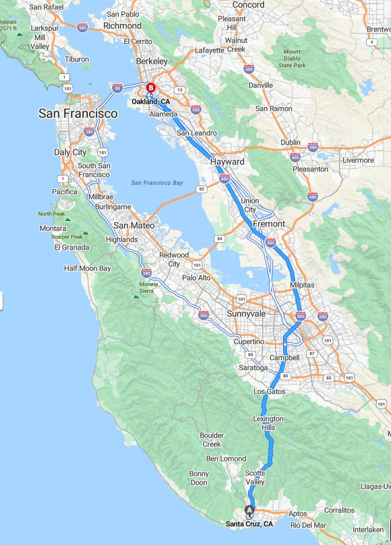driving from Santa Cruz, California to OaklandCalifornia - map and route
