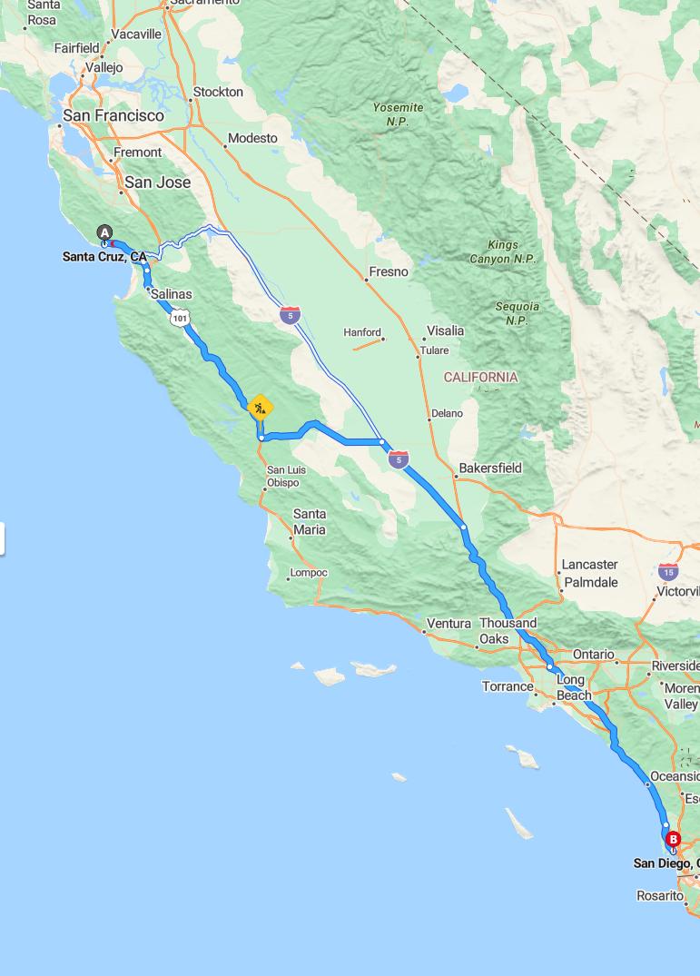 driving from Santa Cruz, California to San DiegoCalifornia - map and route