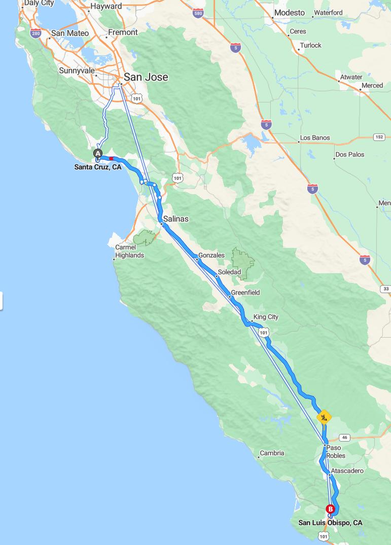 driving from Santa Cruz, California to San Luis ObispoCalifornia - map and route