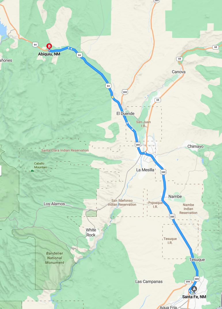 driving from Santa Fe, New Mexico to AbiquiuNew Mexico - map and route