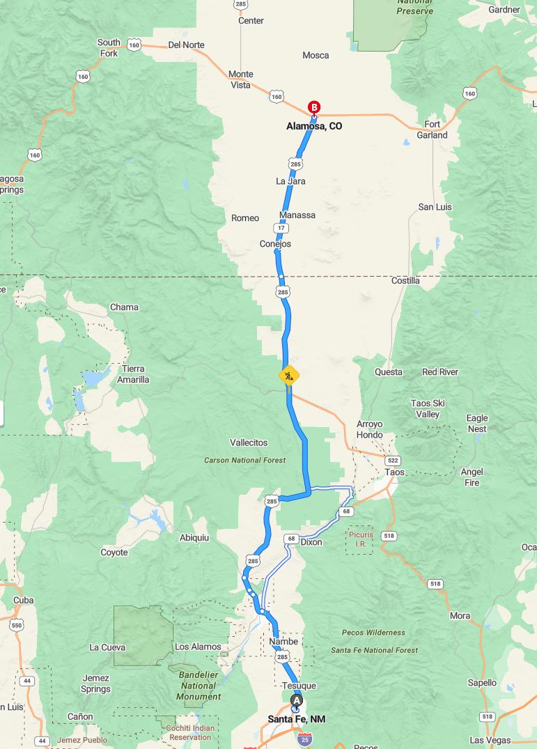 driving from Santa Fe, New Mexico to AlamosaColorado - map and route