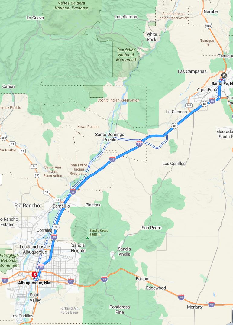 driving from Santa Fe, New Mexico to AlbuquerqueNew Mexico - map and route