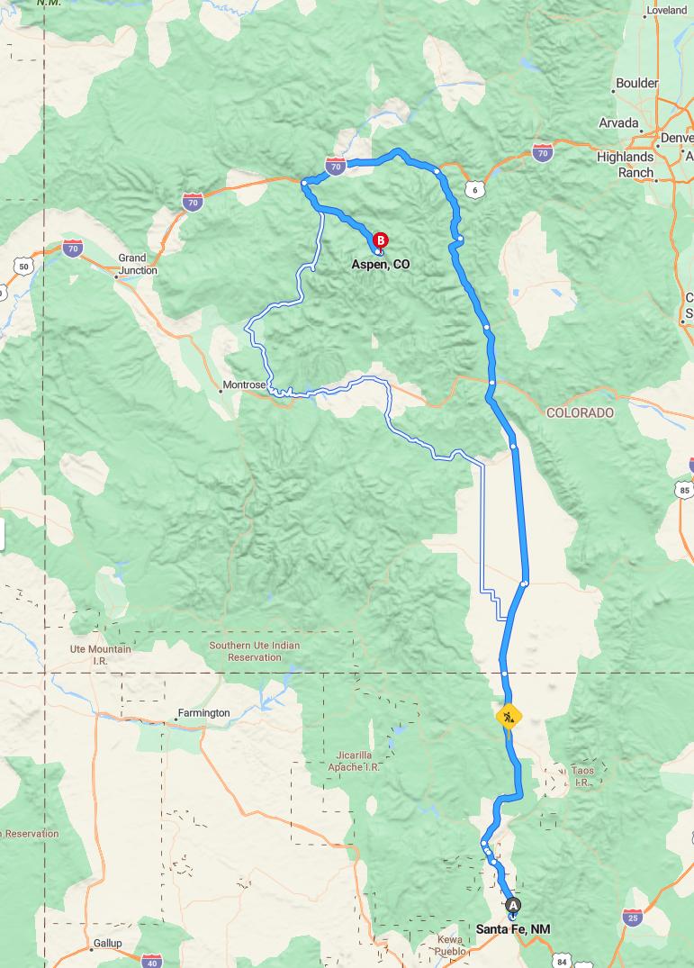 driving from Santa Fe, New Mexico to AspenColorado - map and route
