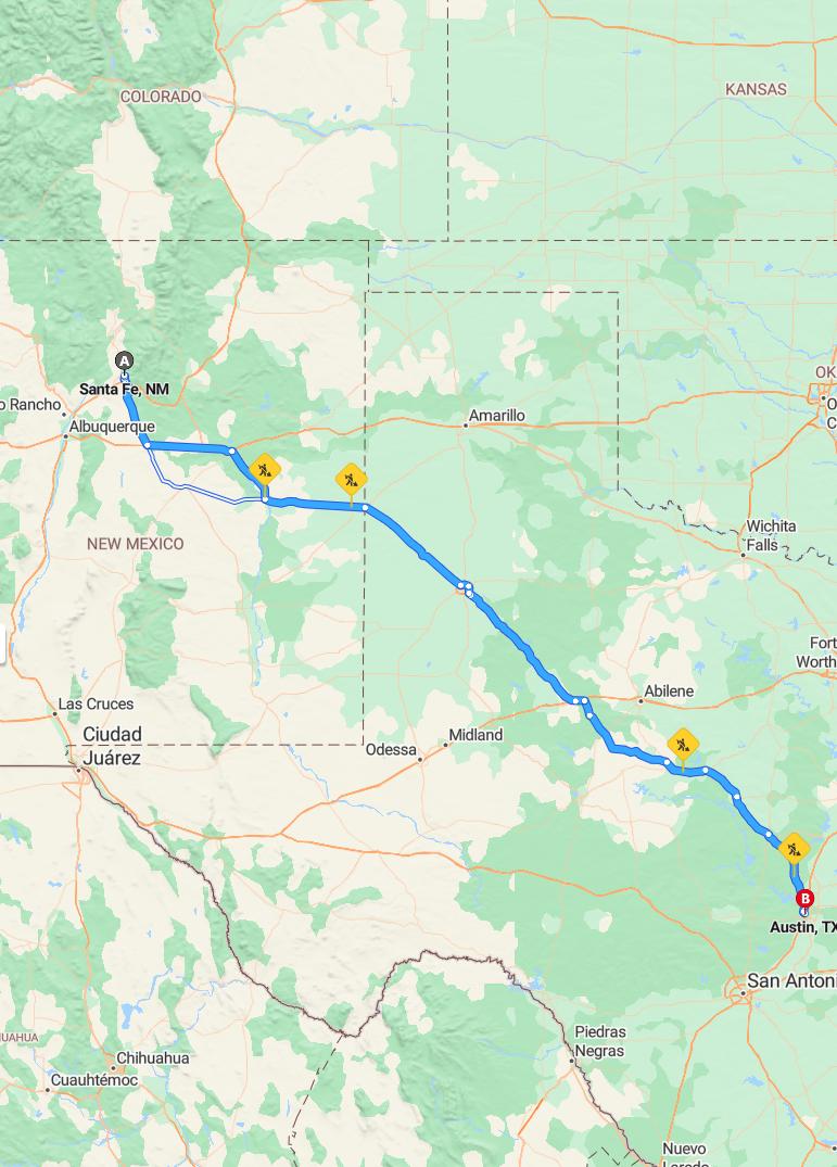 driving from Santa Fe, New Mexico to AustinTexas - map and route