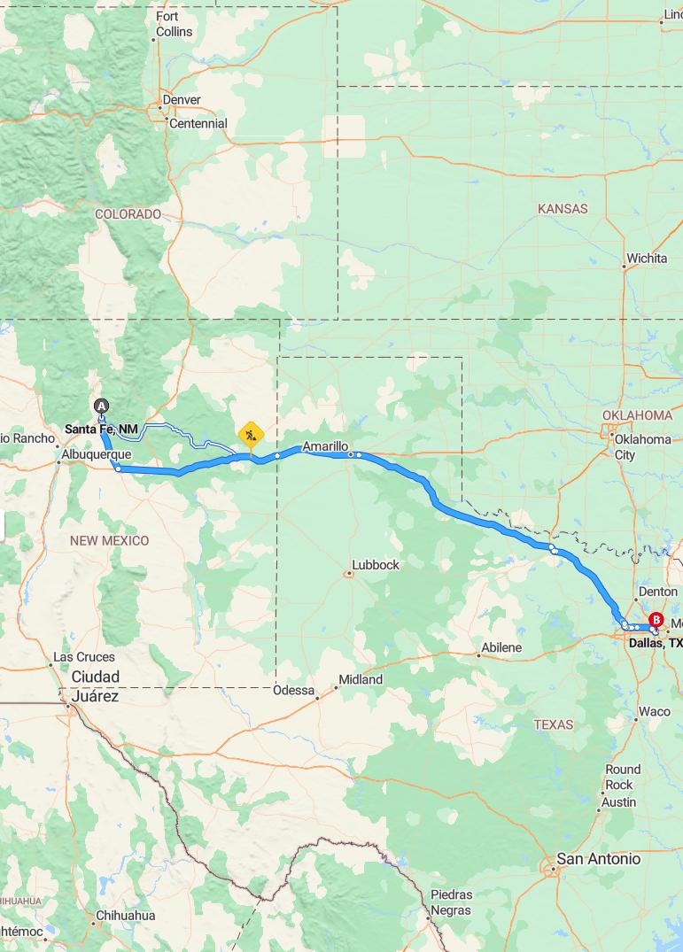 driving from Santa Fe, New Mexico to DallasTexas - map and route