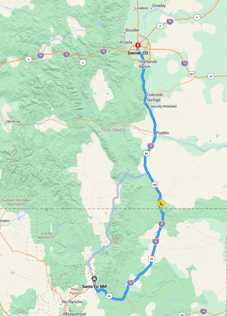 driving from Santa Fe, New Mexico to DenverColorado - map and route