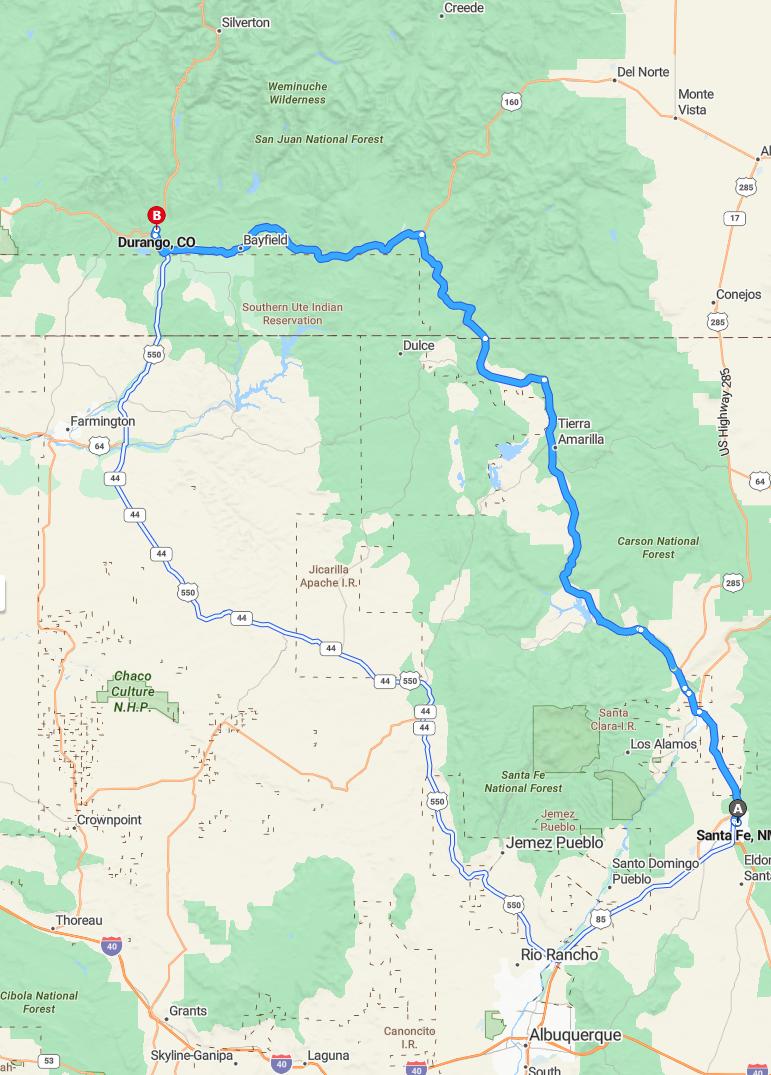 driving from Santa Fe, New Mexico to DurangoColorado - map and route