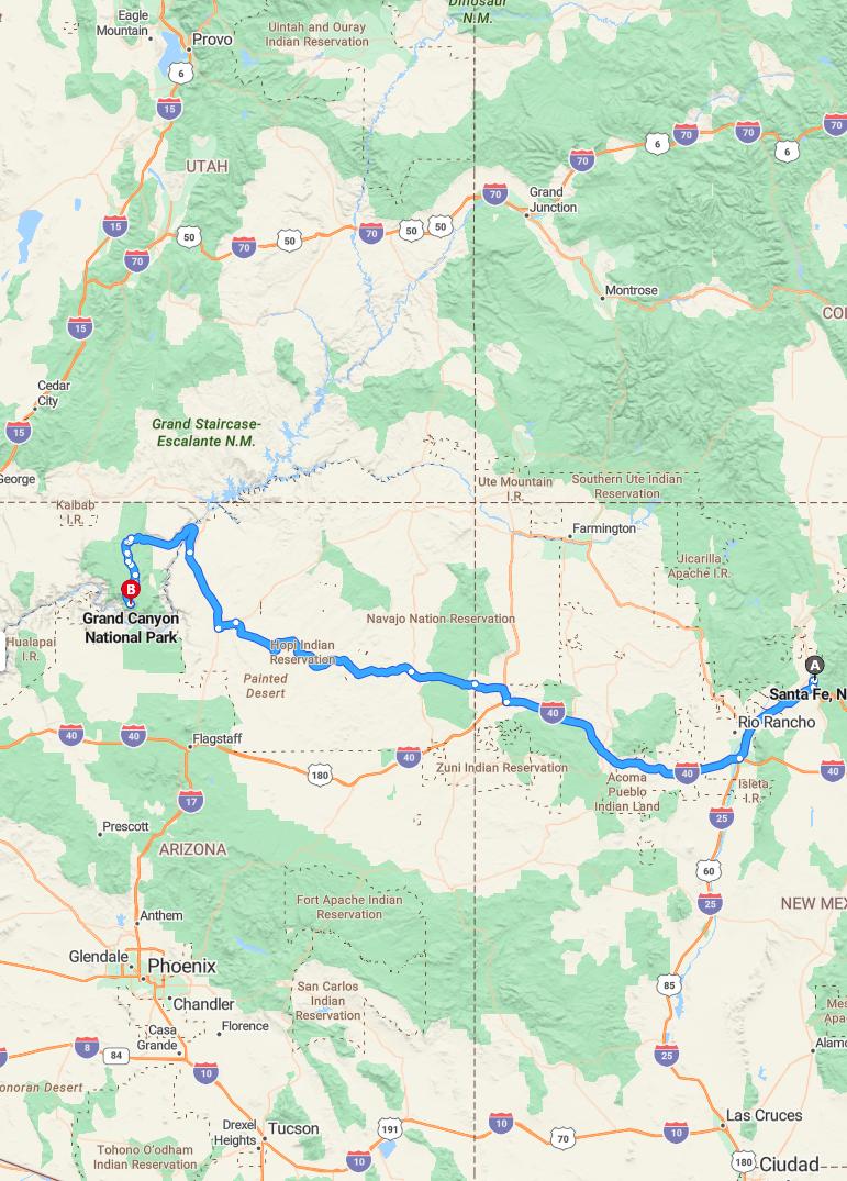 driving from Santa Fe, New Mexico to Grand CanyonArizona - map and route