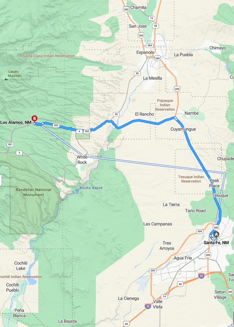 driving from Santa Fe, New Mexico to Los AlamosNew Mexico - map and route