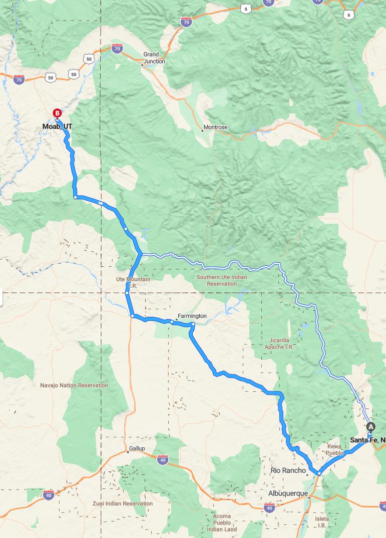 driving from Santa Fe, New Mexico to MoabUtah - map and route