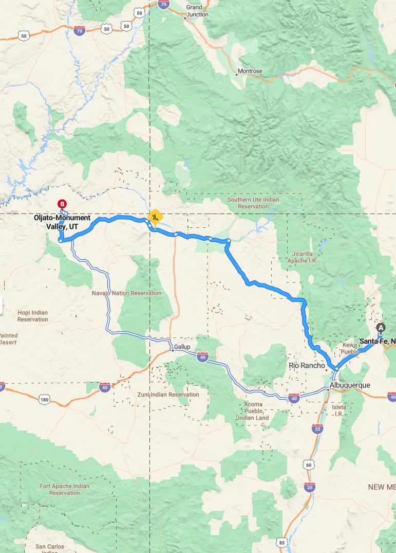driving from Santa Fe, New Mexico to Monument ValleyUtah - map and route
