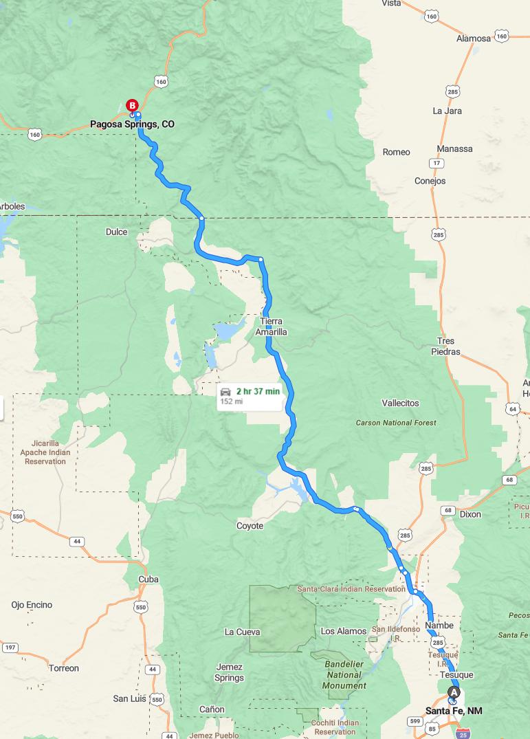 driving from Santa Fe, New Mexico to Pagosa SpringsColorado - map and route