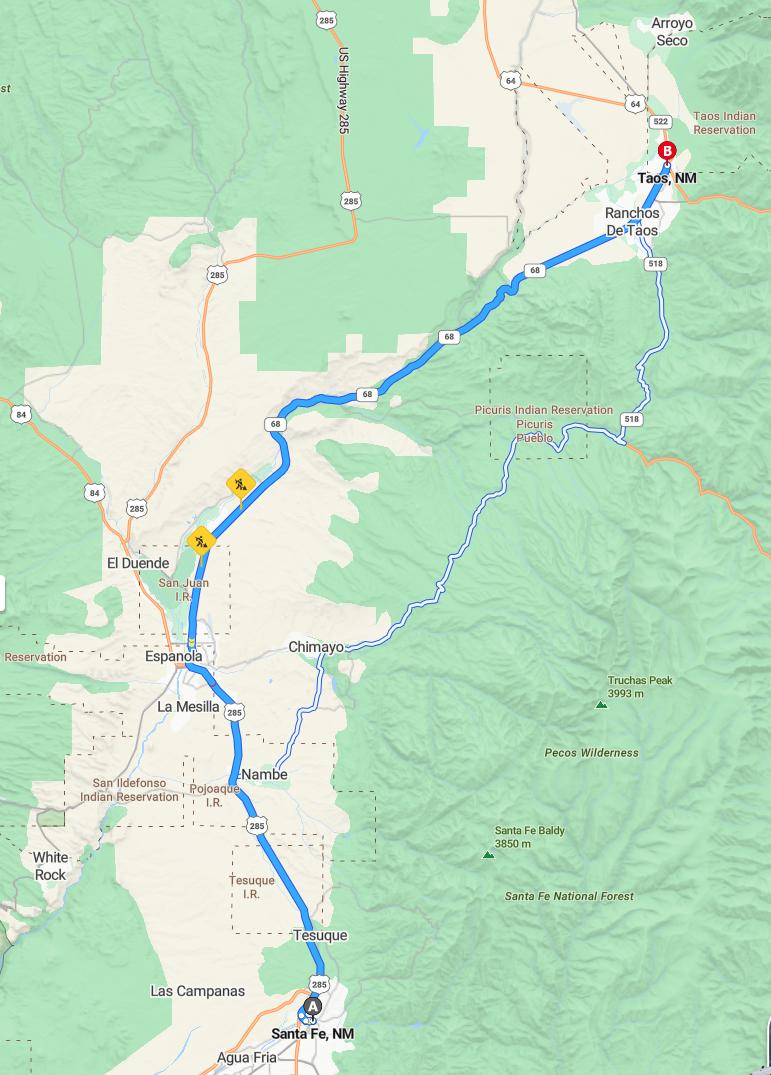 driving from Santa Fe, New Mexico to TaosNew Mexico - map and route