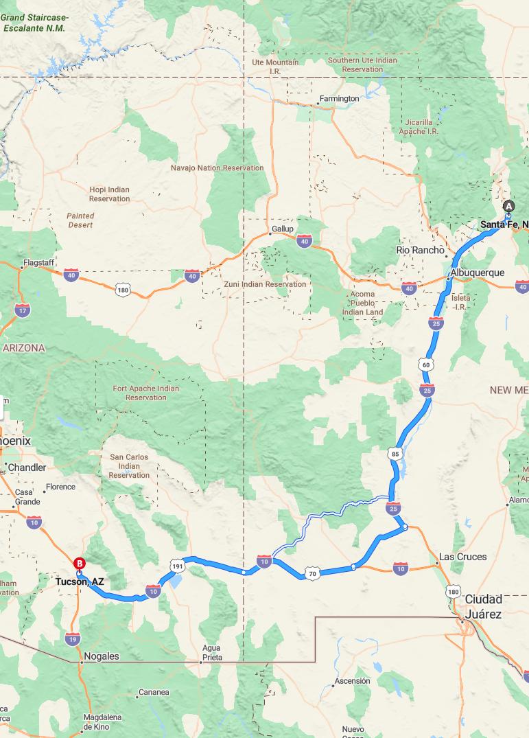 driving from Santa Fe, New Mexico to TucsonArizona - map and route