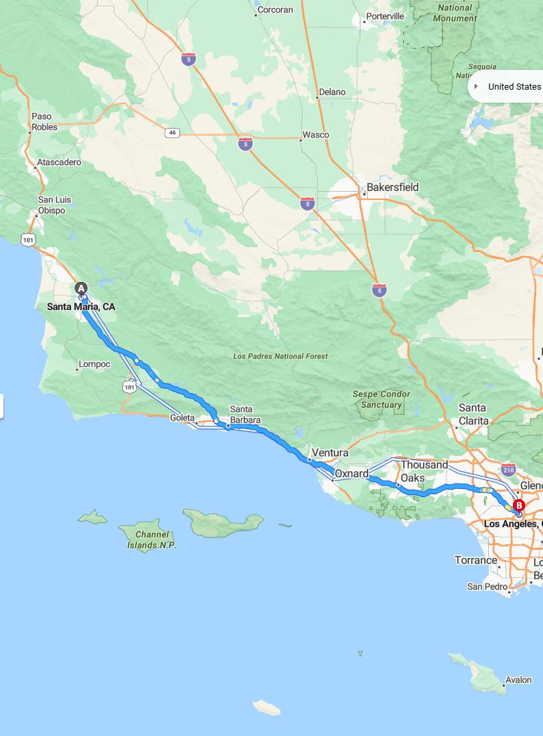 driving from Santa Maria, California to Los AngelesCalifornia - map and route