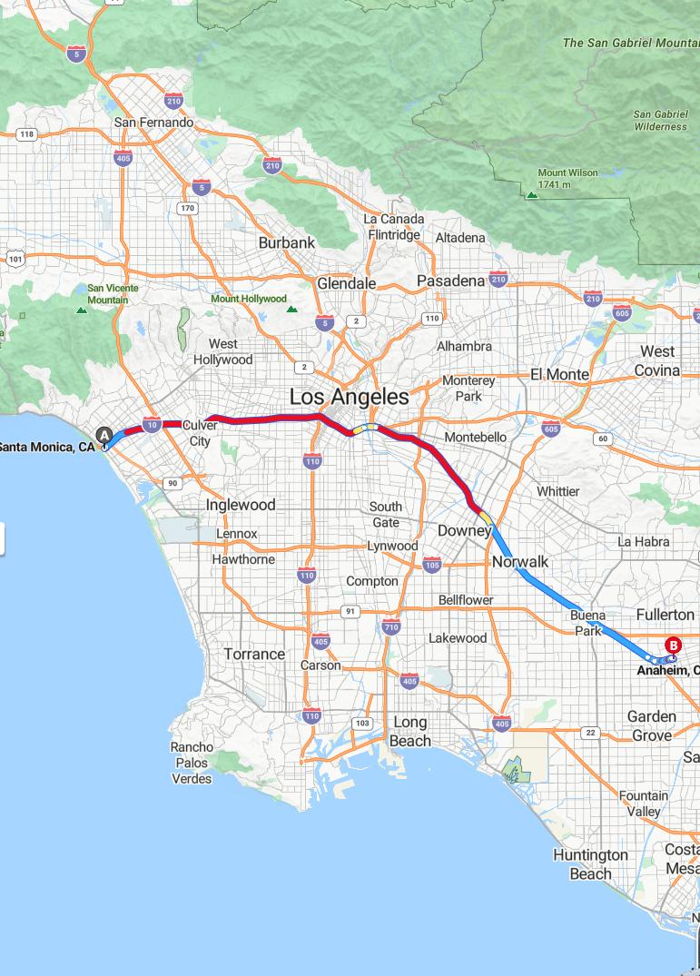 driving from Santa Monica, California to AnaheimCalifornia - map and route