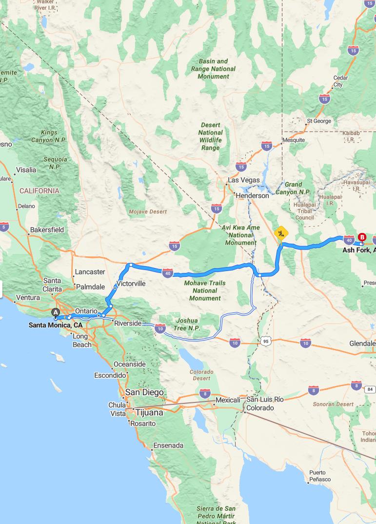 driving from Santa Monica, California to Ash ForkArizona - map and route