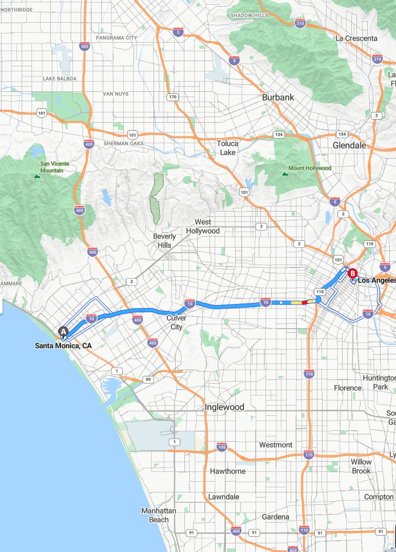 driving from Santa Monica, California to Los AngelesCalifornia - map and route