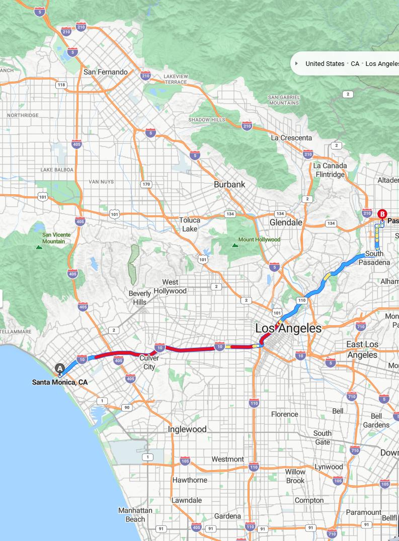 driving from Santa Monica, California to PasadenaCalifornia - map and route