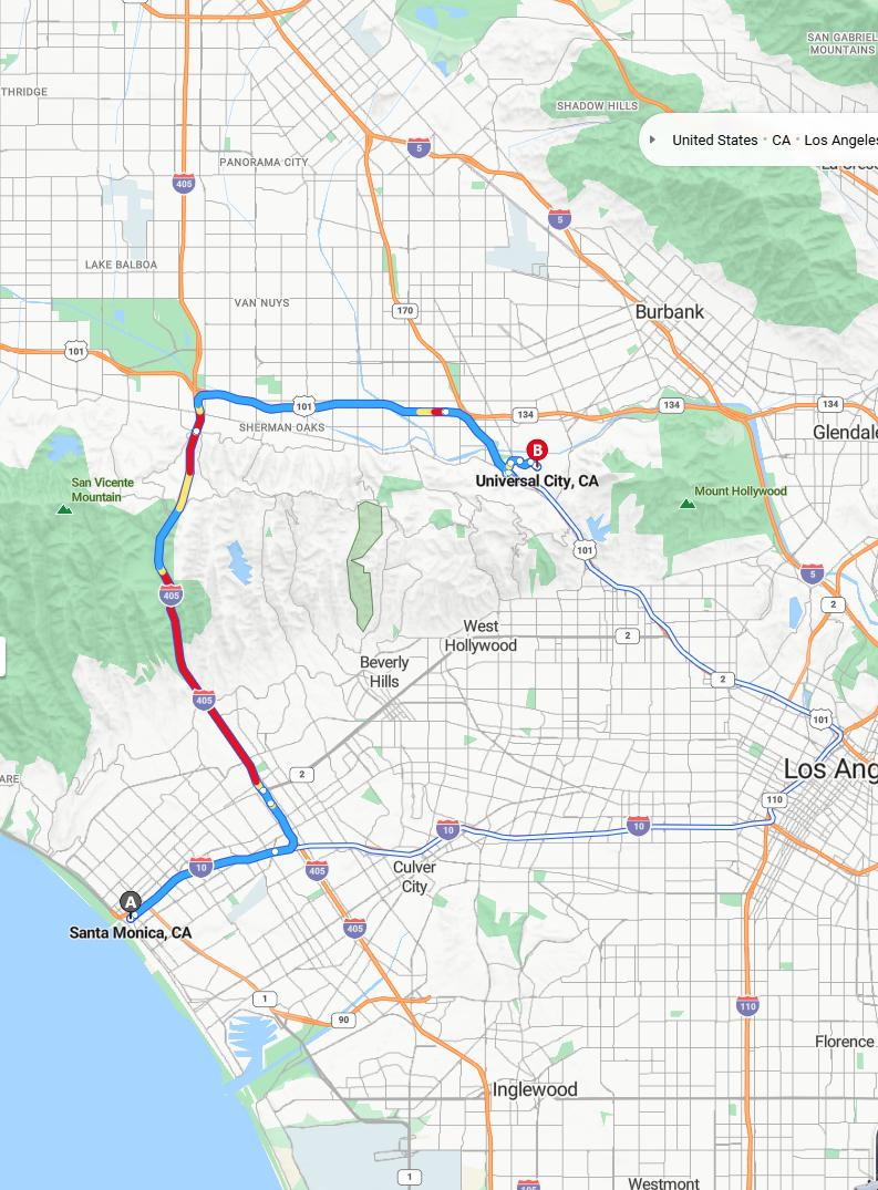 driving from Santa Monica, California to Universal CityCalifornia - map and route
