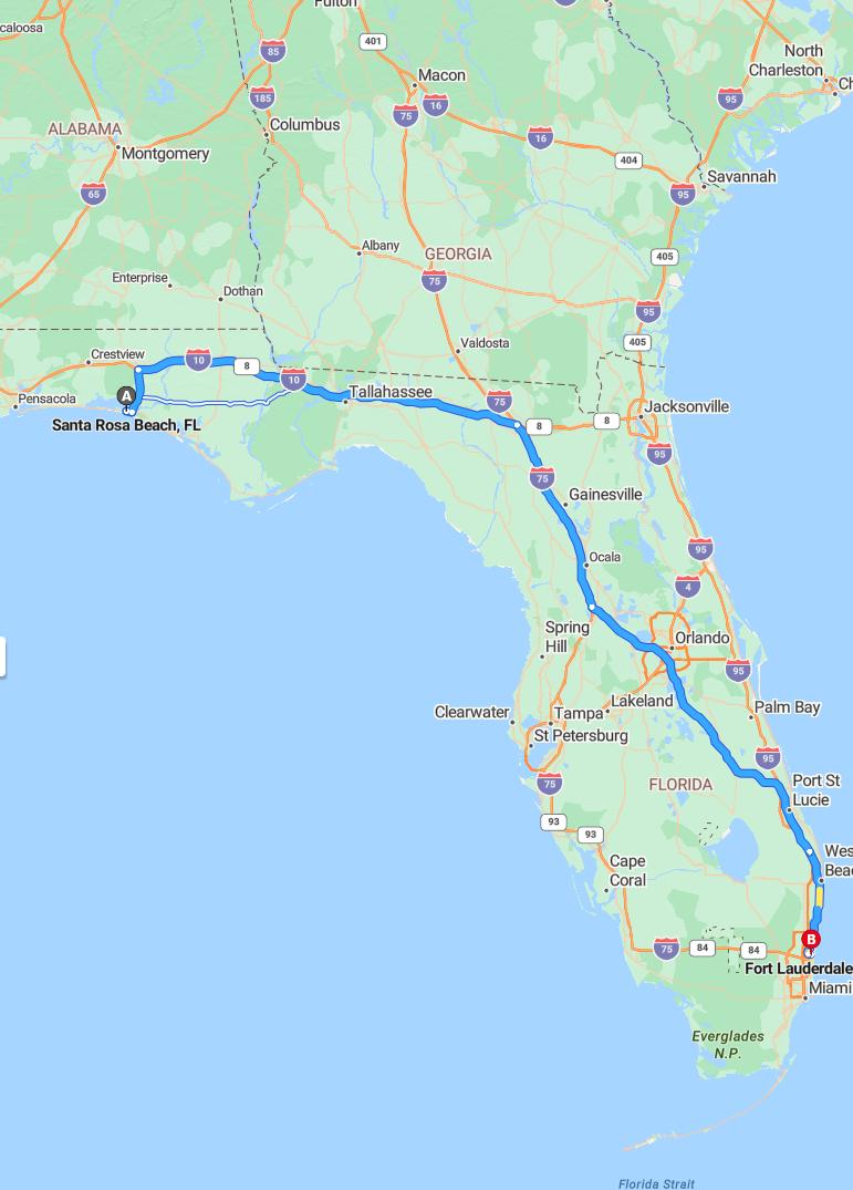 driving from Santa Rosa Beach, Florida to Fort LauderdaleFlorida - map and route