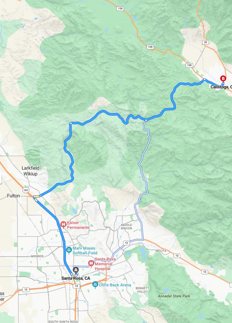 driving from Santa Rosa, California to CalistogaCalifornia - map and route