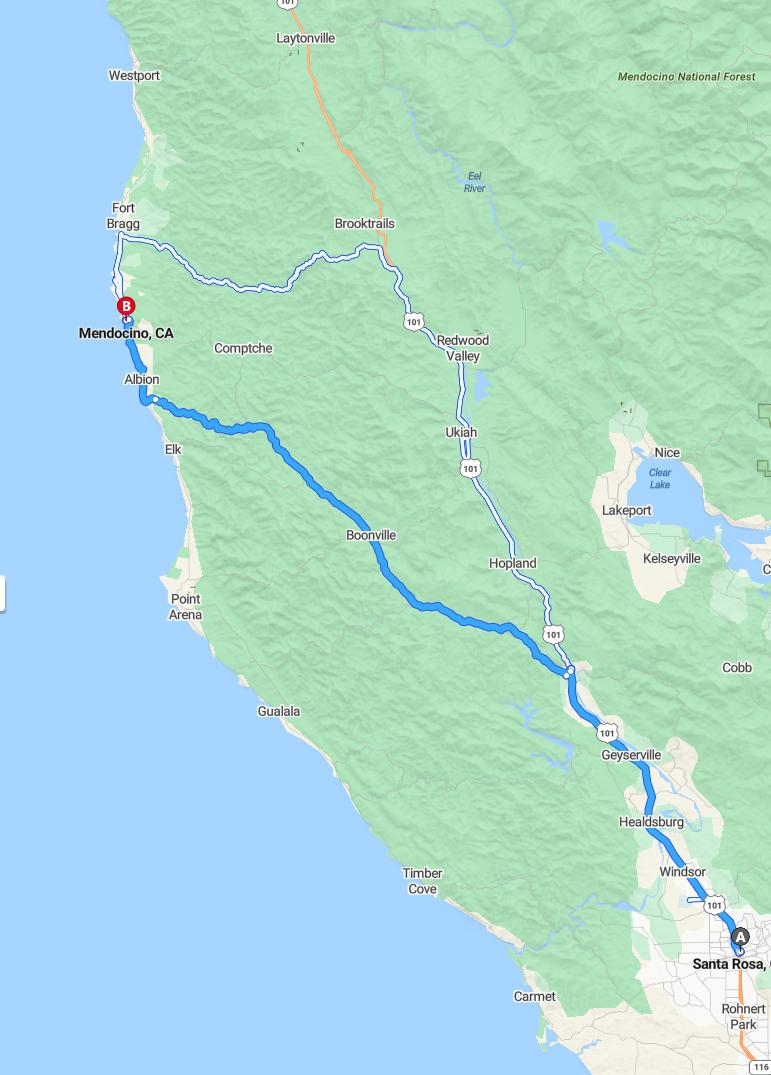 driving from Santa Rosa, California to MendocinoCalifornia - map and route