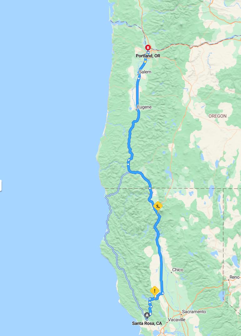 driving from Santa Rosa, California to PortlandOregon - map and route