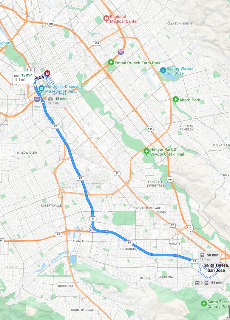 driving from Santa Teresa, California to San JoseCalifornia - map and route