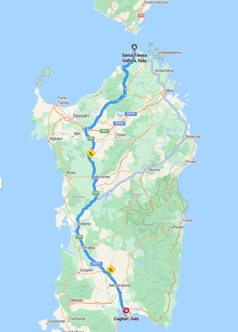 driving from Santa Teresa, Sardinia to CagliariSardinia - map and route