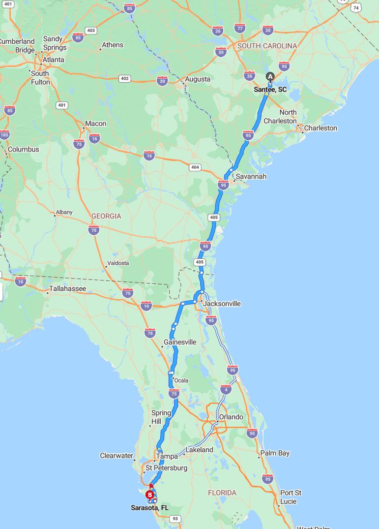 driving from Santee, South Carolina to SarasotaFlorida - map and route
