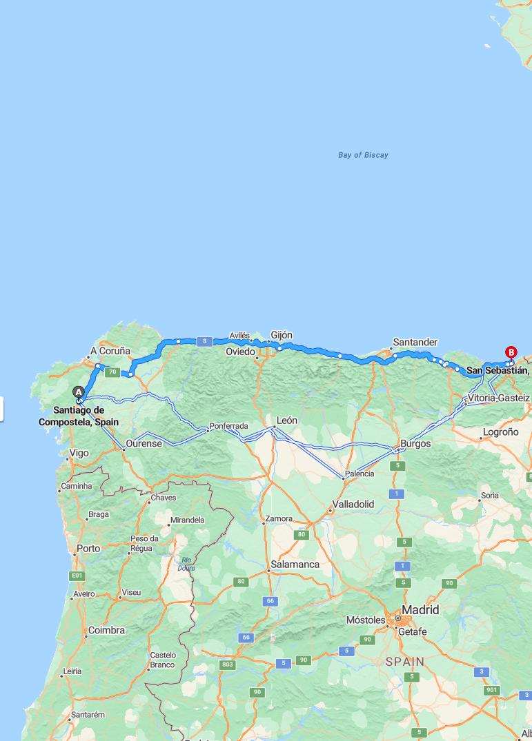 driving from Santiago de Compostela, Galicia to San SebastianBasque Country - map and route