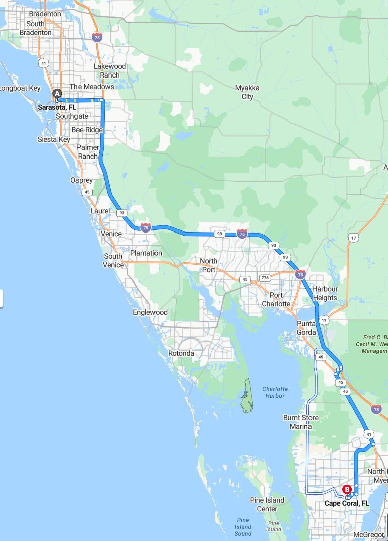 driving from Sarasota, Florida to Cape CoralFlorida - map and route