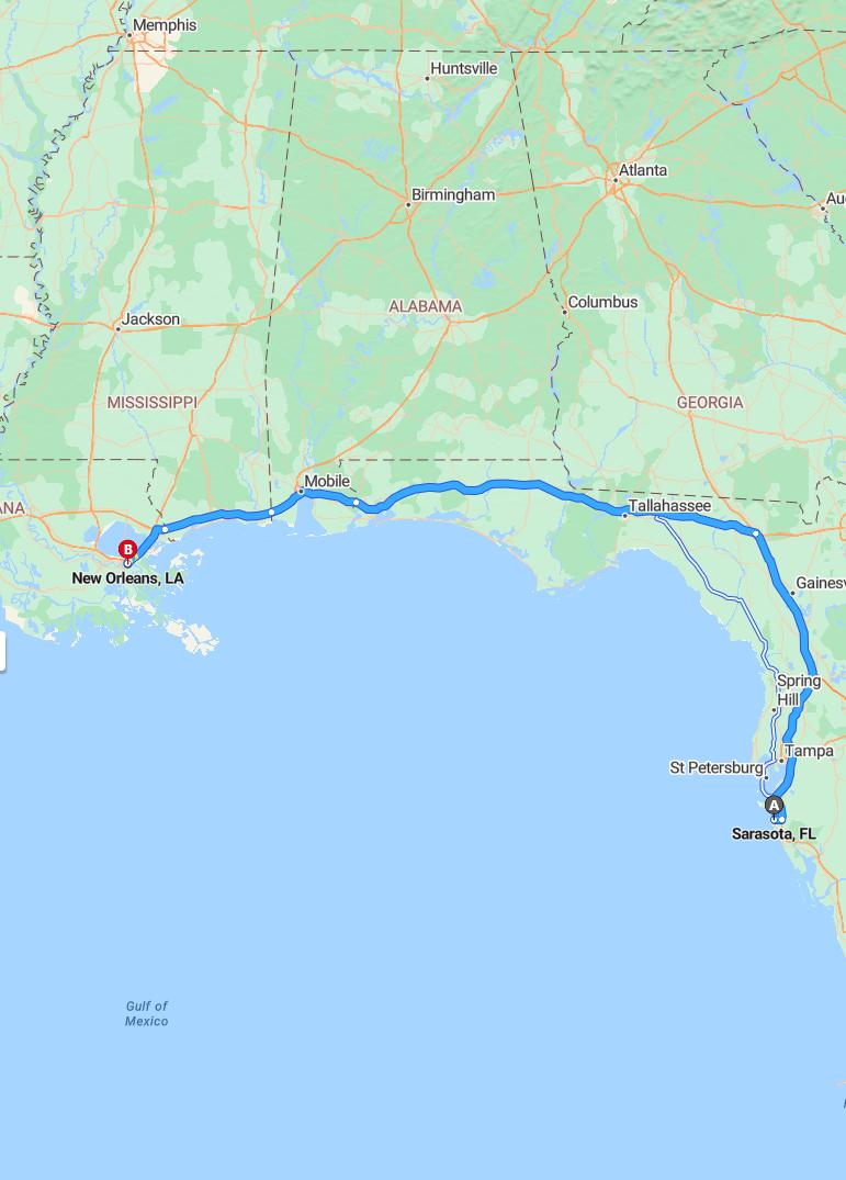 driving from Sarasota, Florida to New OrleansLouisiana - map and route